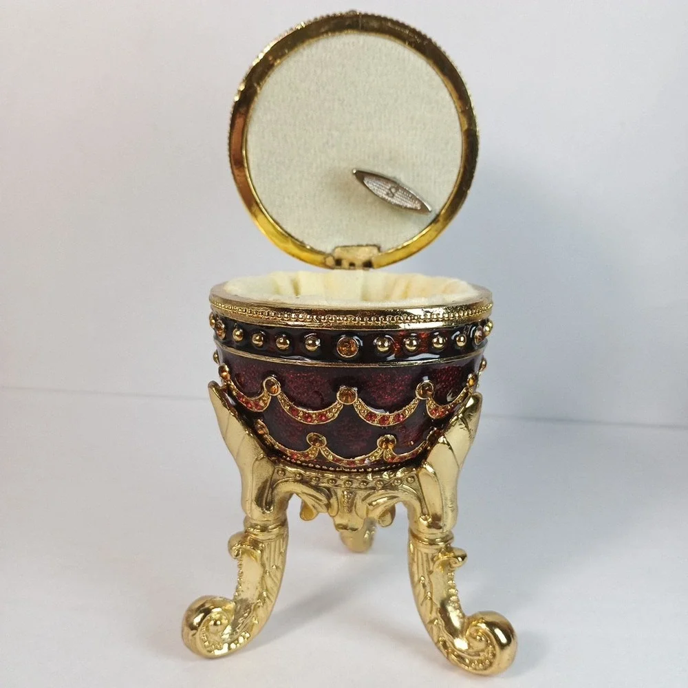 Fabergé Style Enameled Burgundy Trinket Music Nocturne Works 5.5